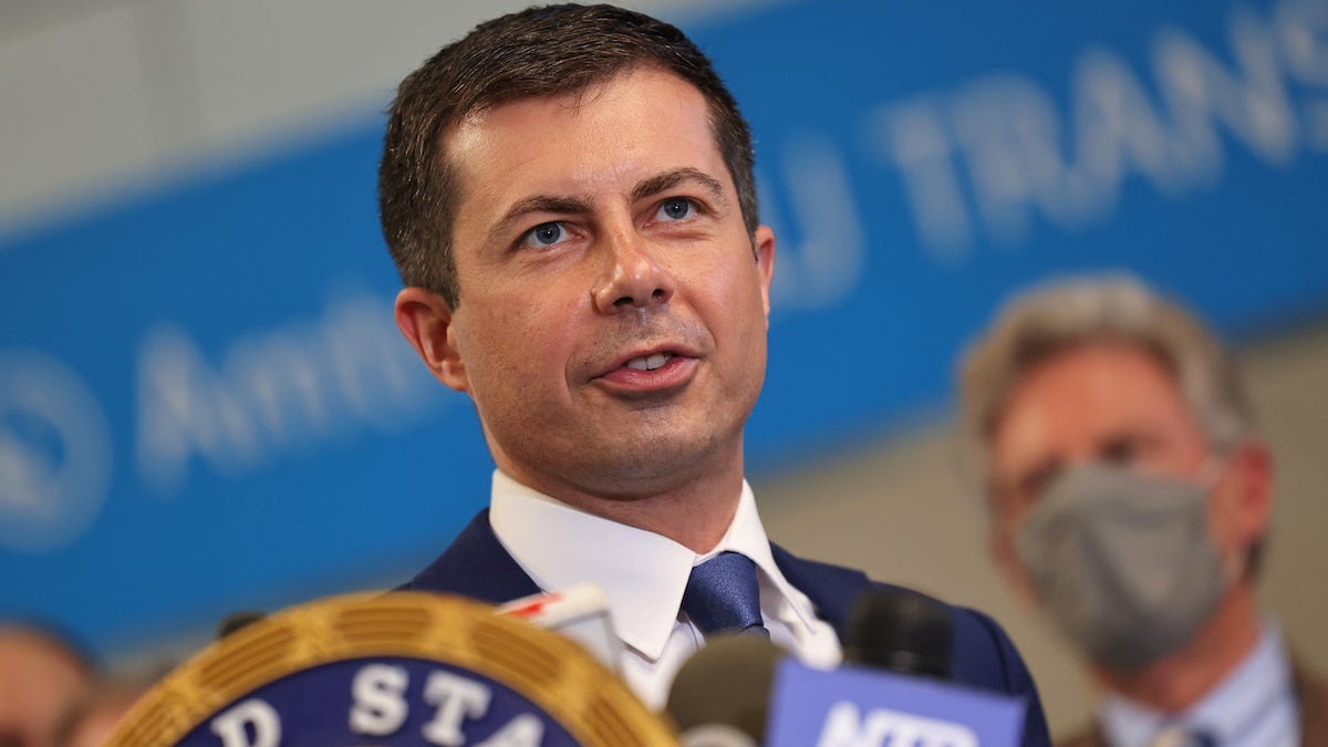 Secretary of Transportation Pete Buttigieg speaks during a press conference on June 28, 2021, in New York City. (Michael M. Santiago/Getty Images)