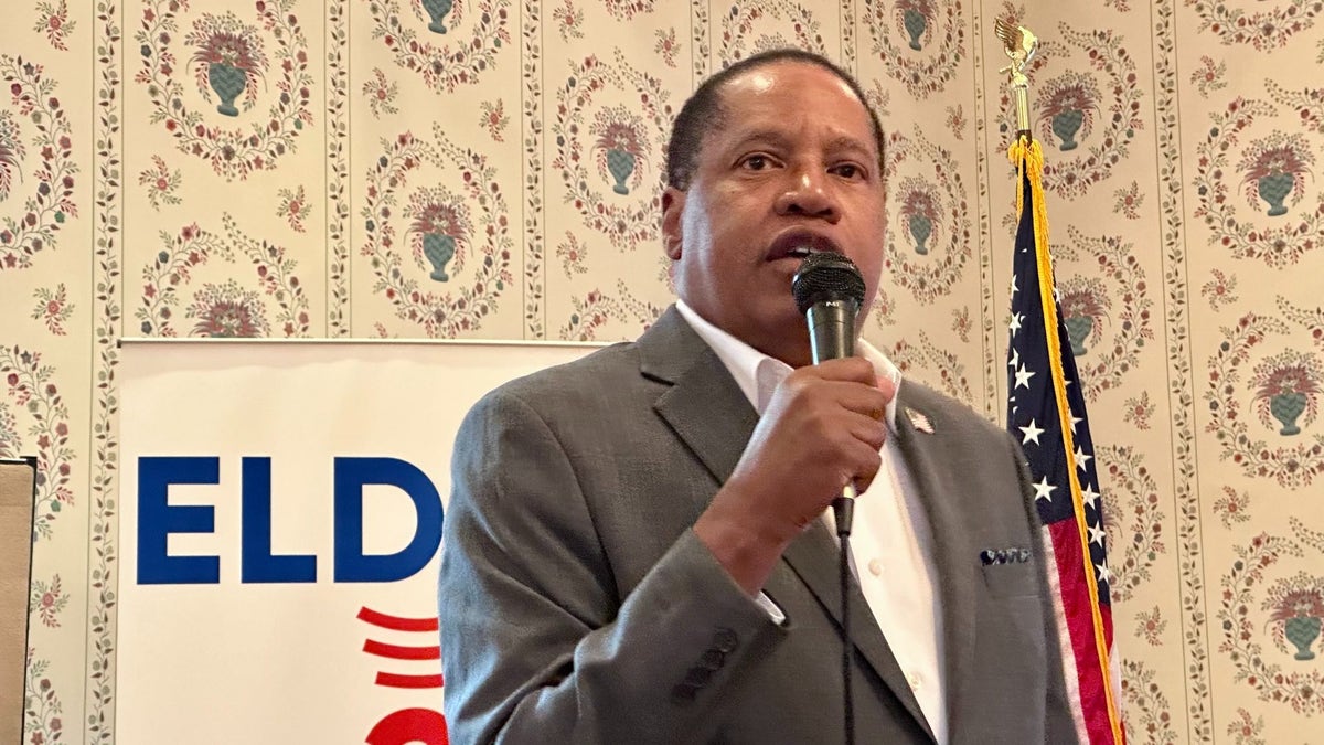 Larry Elder speaks during a campaign event in New Hampshire in July.