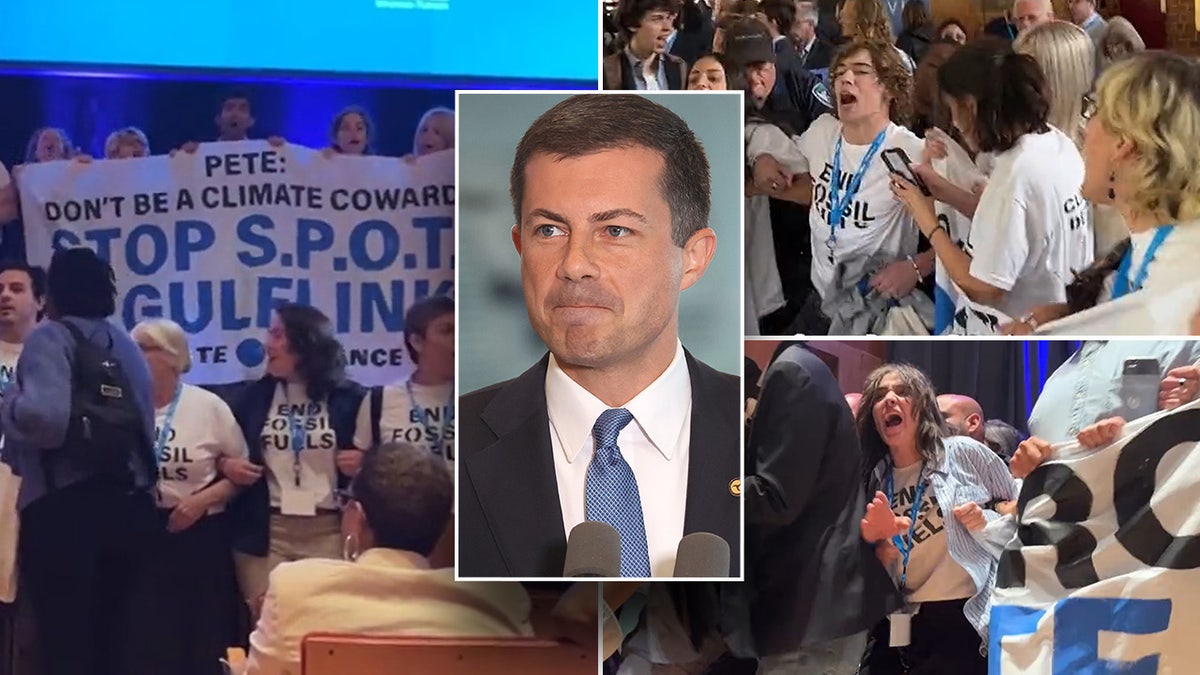 Transportation Secretary Pete Buttigieg was forced to leave an event in Baltimore on Tuesday after climate activists stormed the stage.
