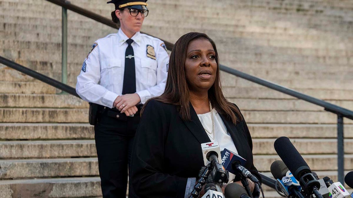 New York Attorney General Letitia James speaks outside New York Supreme Court