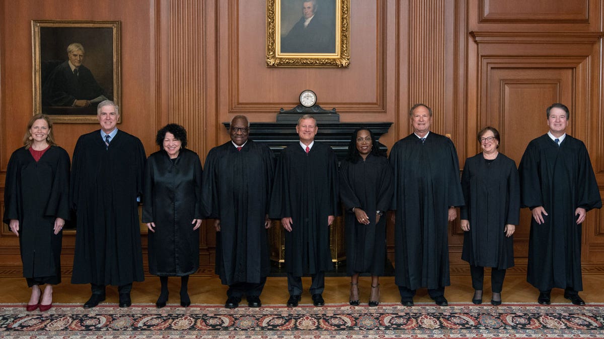 Supreme Court justices standing in row for portrait