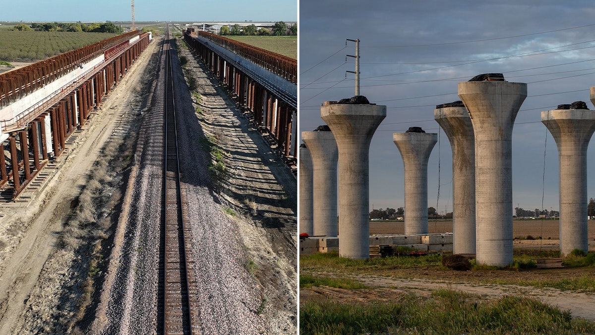 Ongoing construction of the California bullet train project is photographed in Corcoran, California, left, and Hanford, California, right.