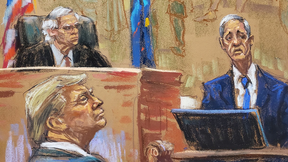 A court sketch depicts attorney Jesus Suarez questioning Eli Bartov as former president Donald Trump and Judge Arthur Engoron look on