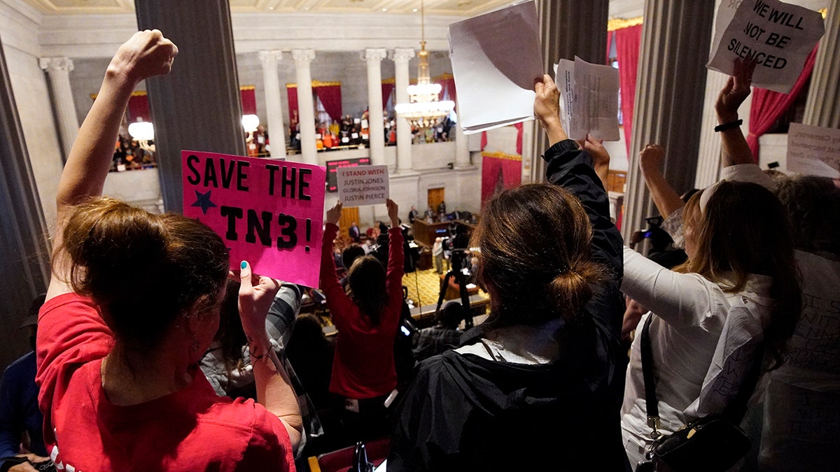 Protesters raise signs in Tennessee House chamber