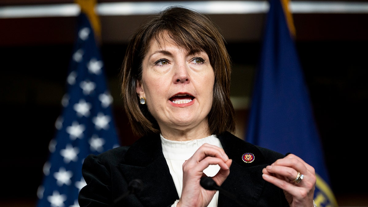 Rep. Cathy McMorris Rodgers, R-Wash., speaks during the House Republican Conference news conference in the Capitol on Tuesday, February 8, 2022.