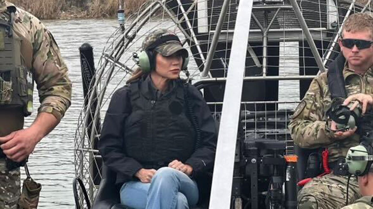 Kristi Noem rides an airboat in Eagle Pass, Texas