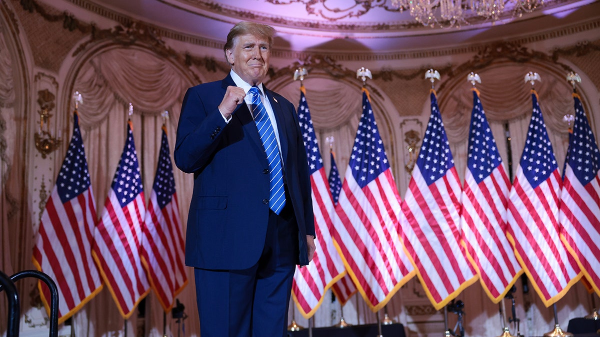 Donald Trump smiling with fist up, American flags behind him