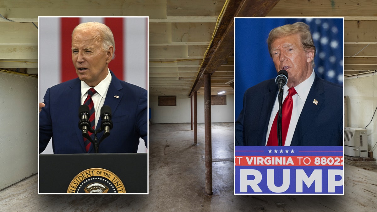President Biden and Donald Trump in front of basement backdrop