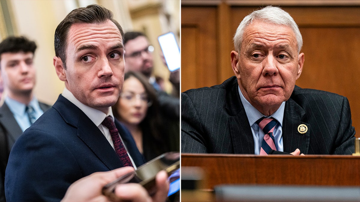 A split image of Rep. Mike Gallagher, who is younger with black hair, and Rep. Ken Buck, who is older with gray hair