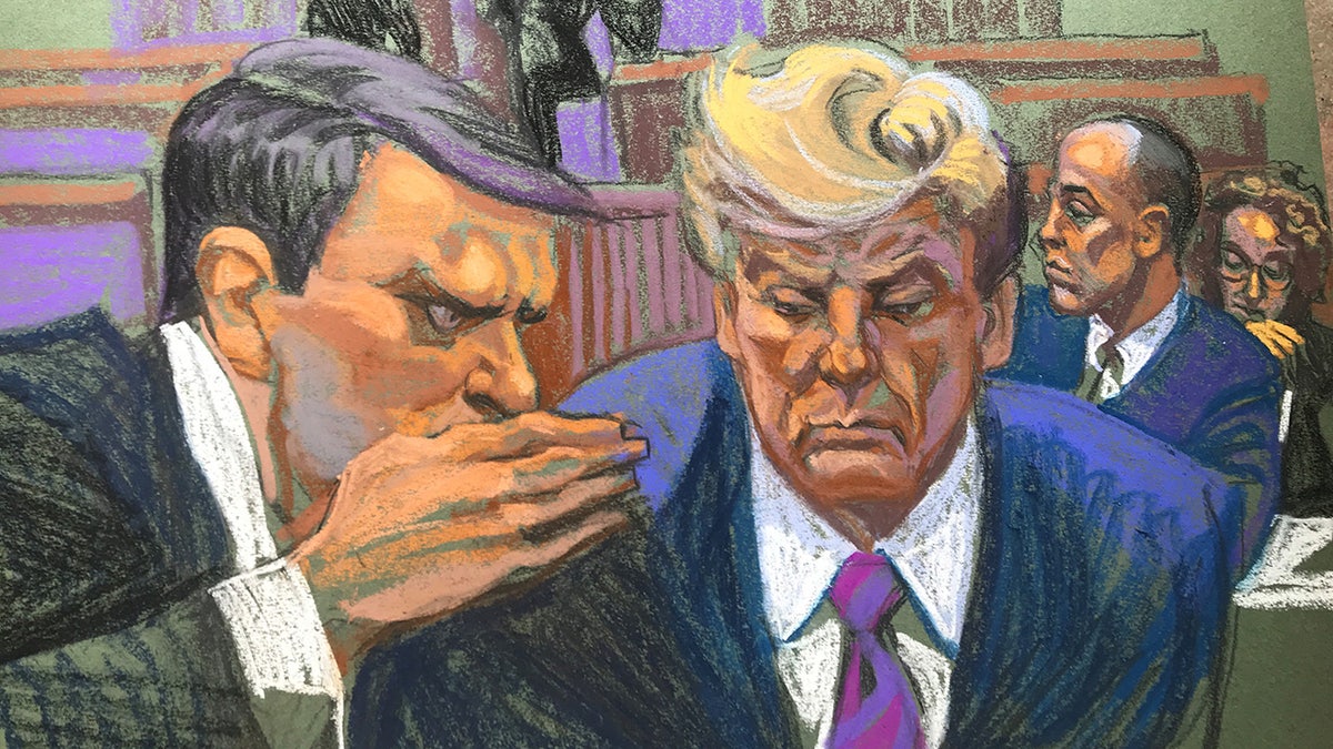 A court sketch depicts former President Donald Trump’s appearance in Manhattan Criminal Court