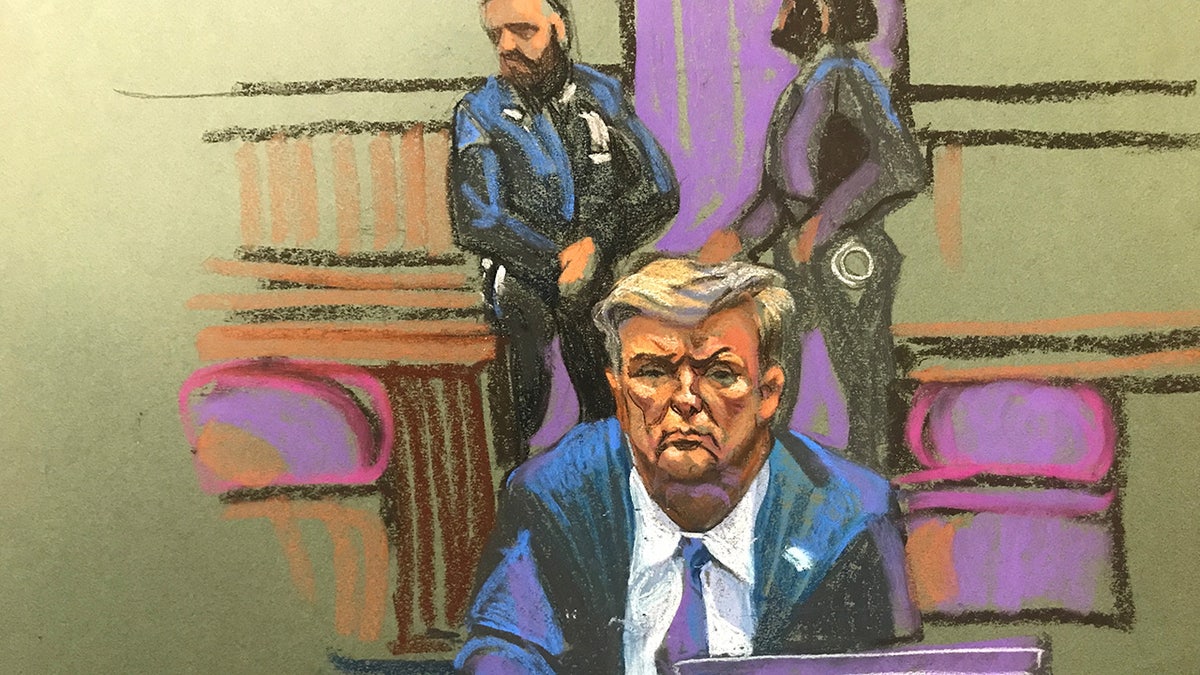 A court sketch depicts the third day of former President Donald Trump’s criminal trial in Manhattan Criminal Court