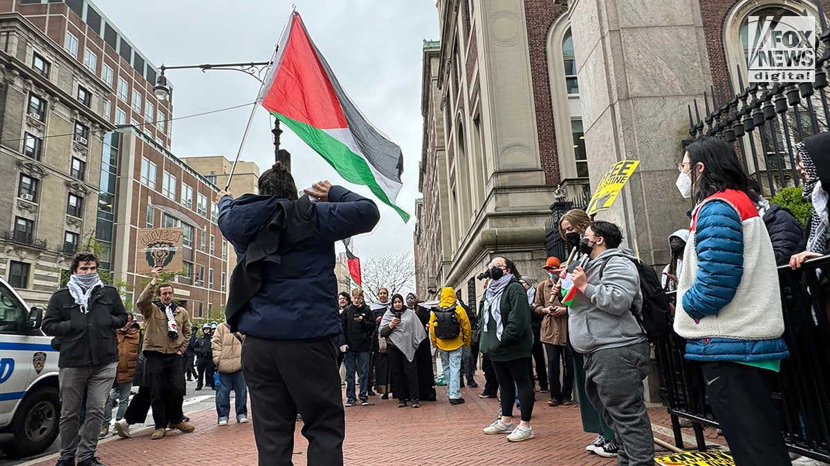NYPD officers patrol as pro-Palestine students demonstrate on Columbia University’s campus