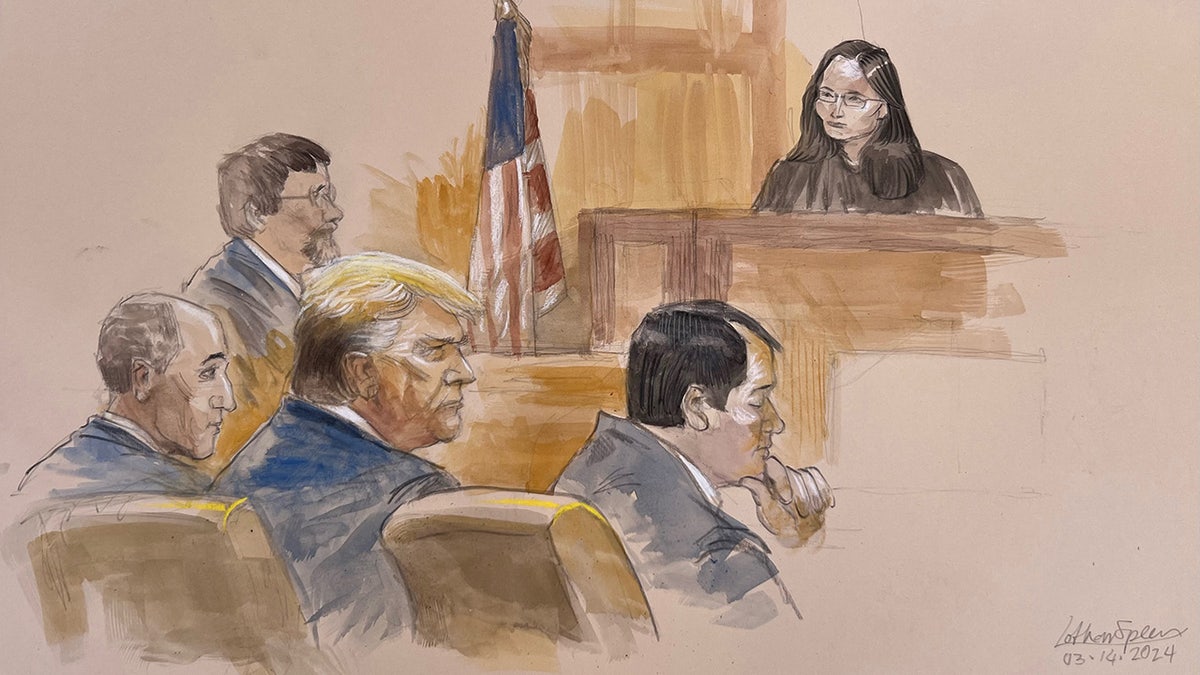 A court sketch depicts former President Donald Trump as he appears in federal court in Fort Pierce, Florida