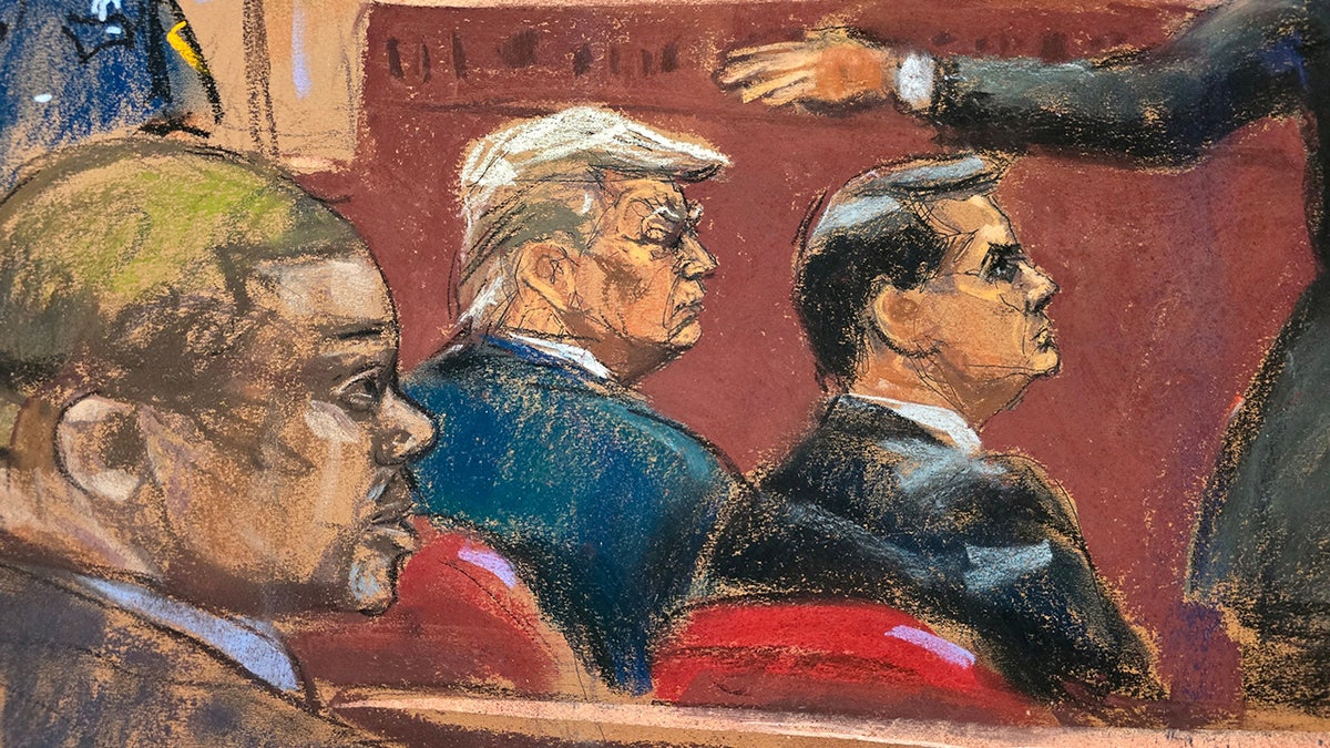 Donald Trump watches with his attorney Todd Blanche as prosecutor Matthew Colangelo makes opening statements during Trump's criminal trial