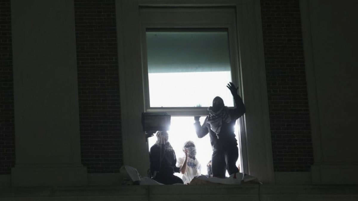 Protesters in a window