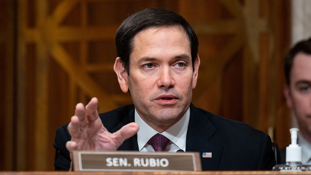 Marco Rubio, R-Fla., at Senate hearing talking with hand raised slightly