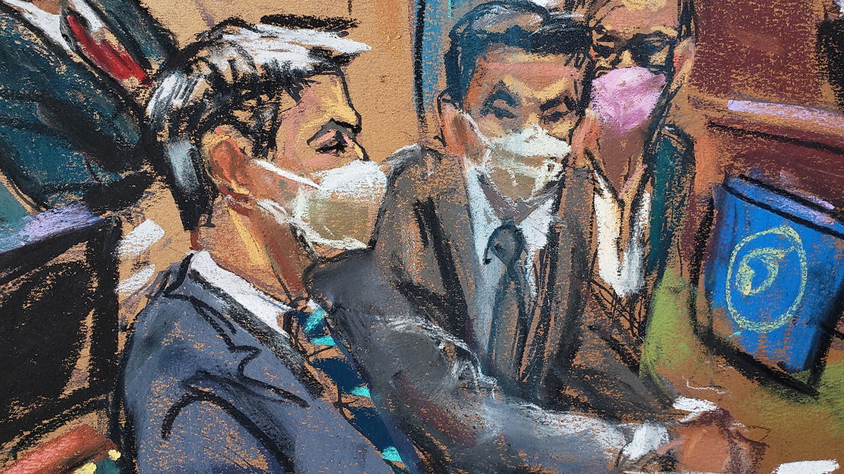 courtroom sketch showing Matthew Colangelo with other prosecutors