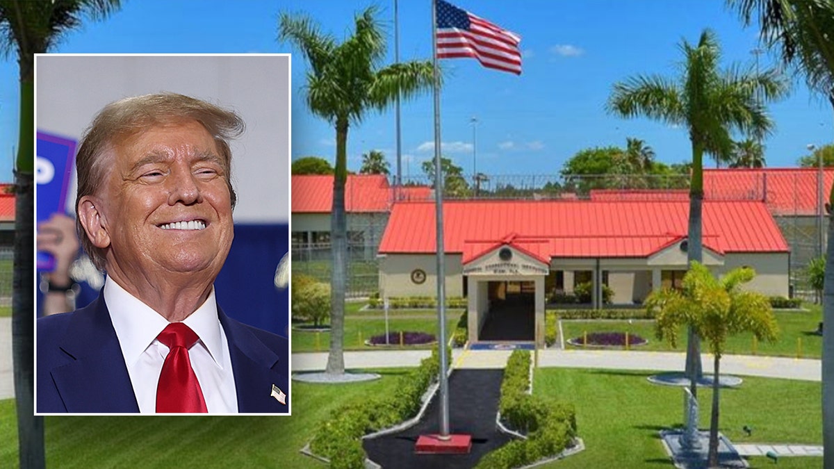 Trump and an image of a federal prison in Miami, Florida