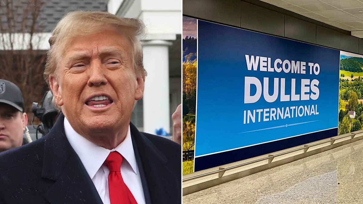 A split image of former President Trump and a sign welcoming travelers to Dulles International Airport