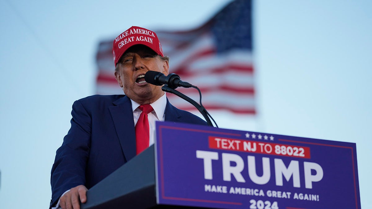 Trump at podium at New Jersey rally