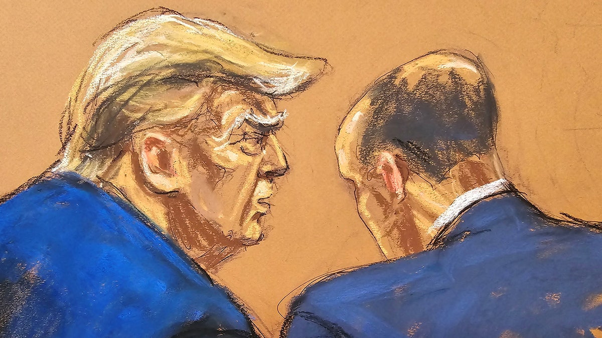 former President Donald Trump chatting with lawyer in court sketch