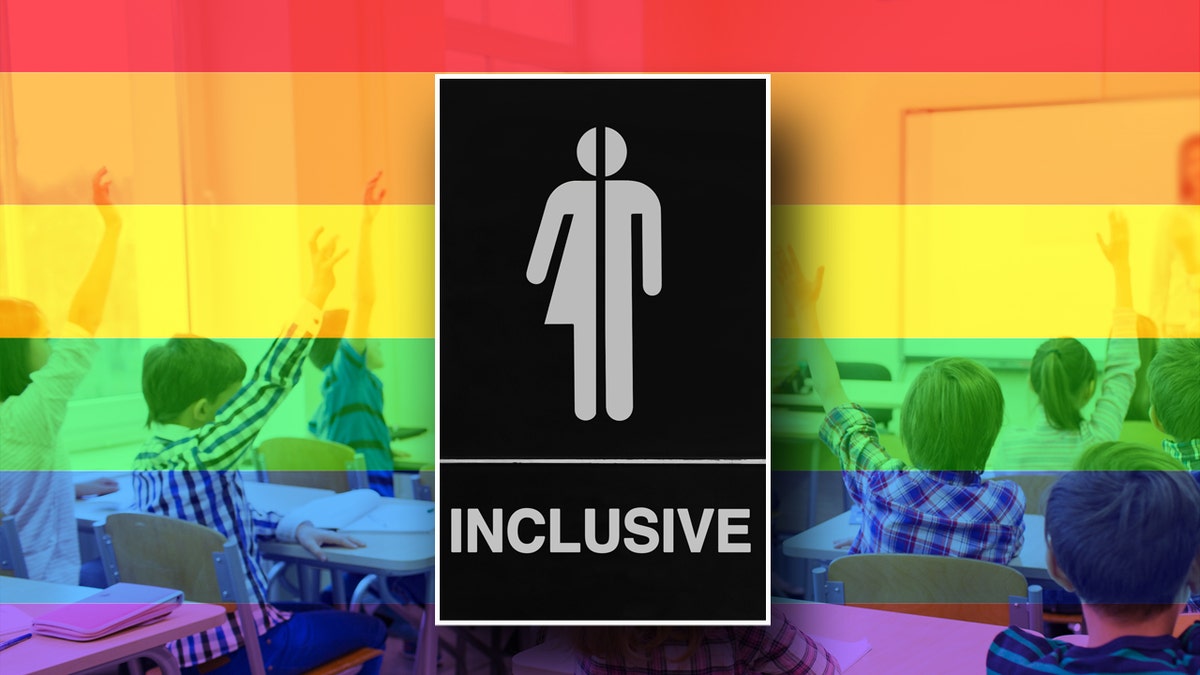 Inclusive bathroom sign, inset: main image pride glad overlay with students in class