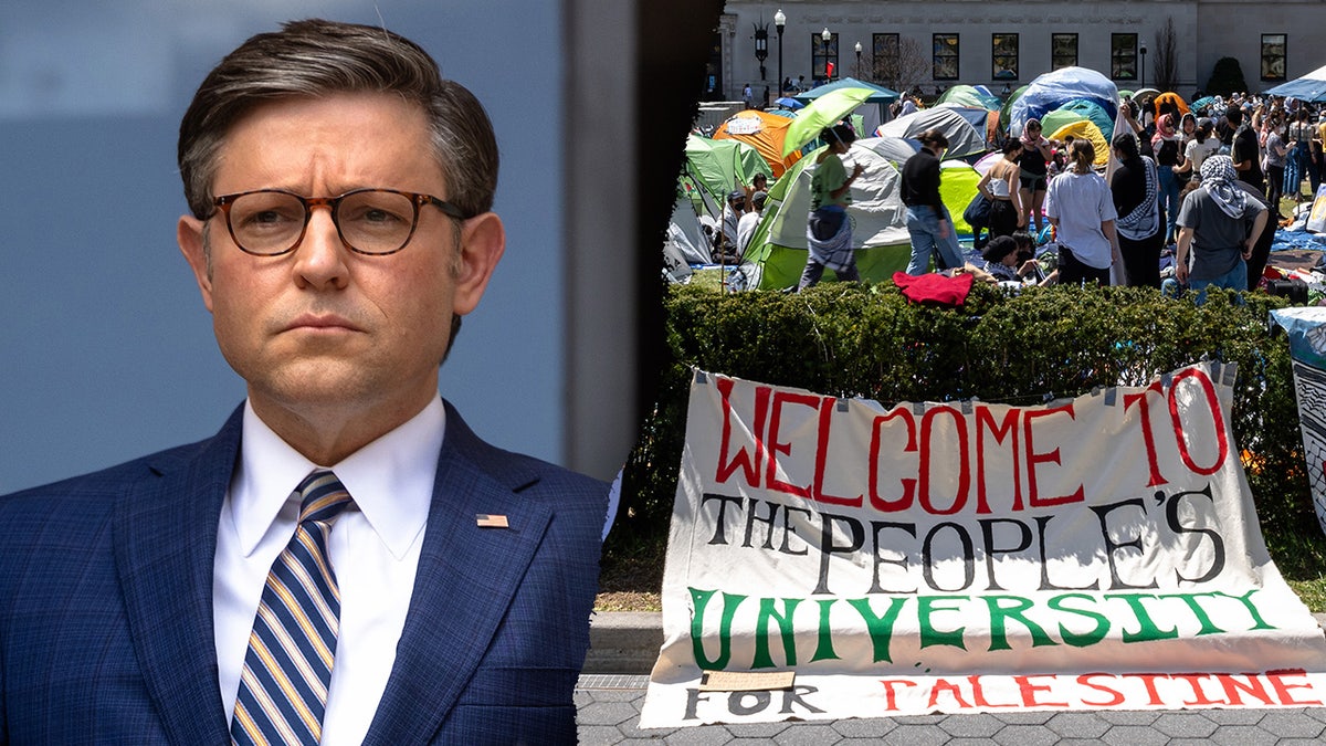 A split image of Speaker Mike Johnson and a Columbia tent encampment