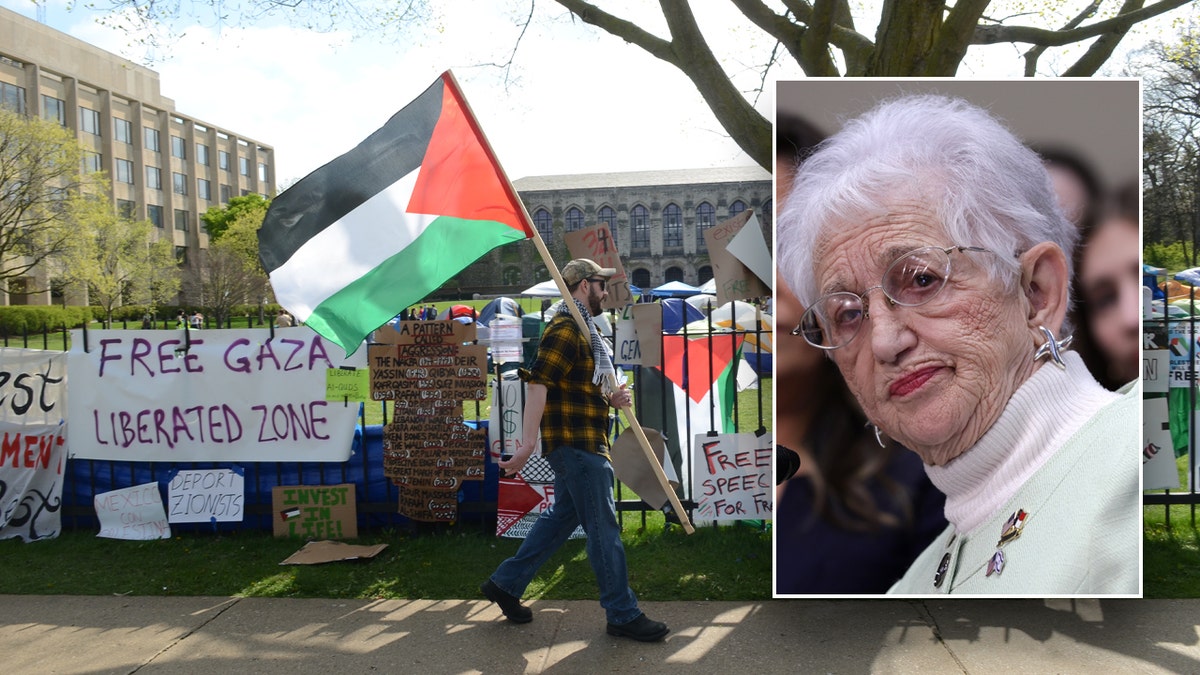 Virginia Foxx inset over Northwestern University Gaza camp