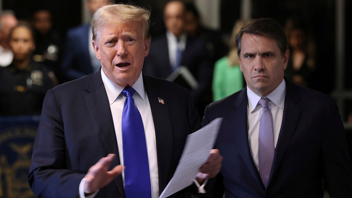 Donald Trump speaks to members of the media at Manhattan Criminal Court