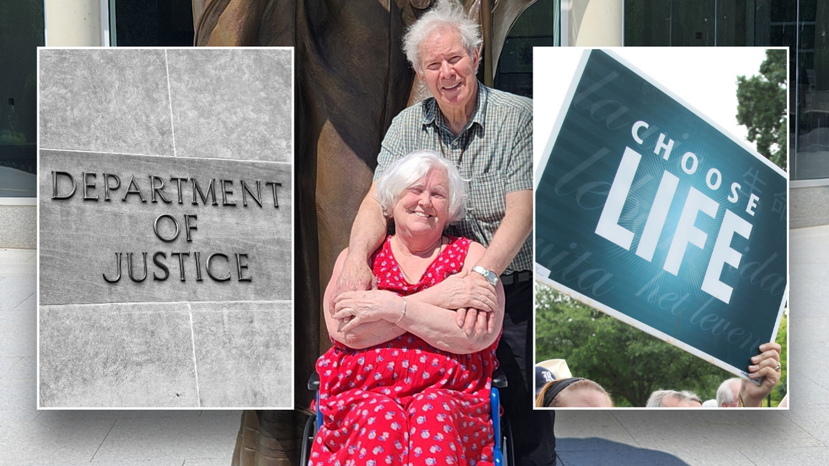 Split image of DOJ logo, pro-life sign and Harlows smiling