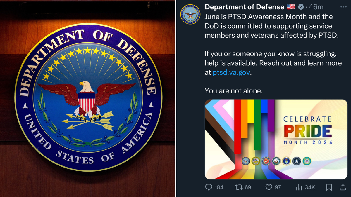 Split image of DoD logo and X post