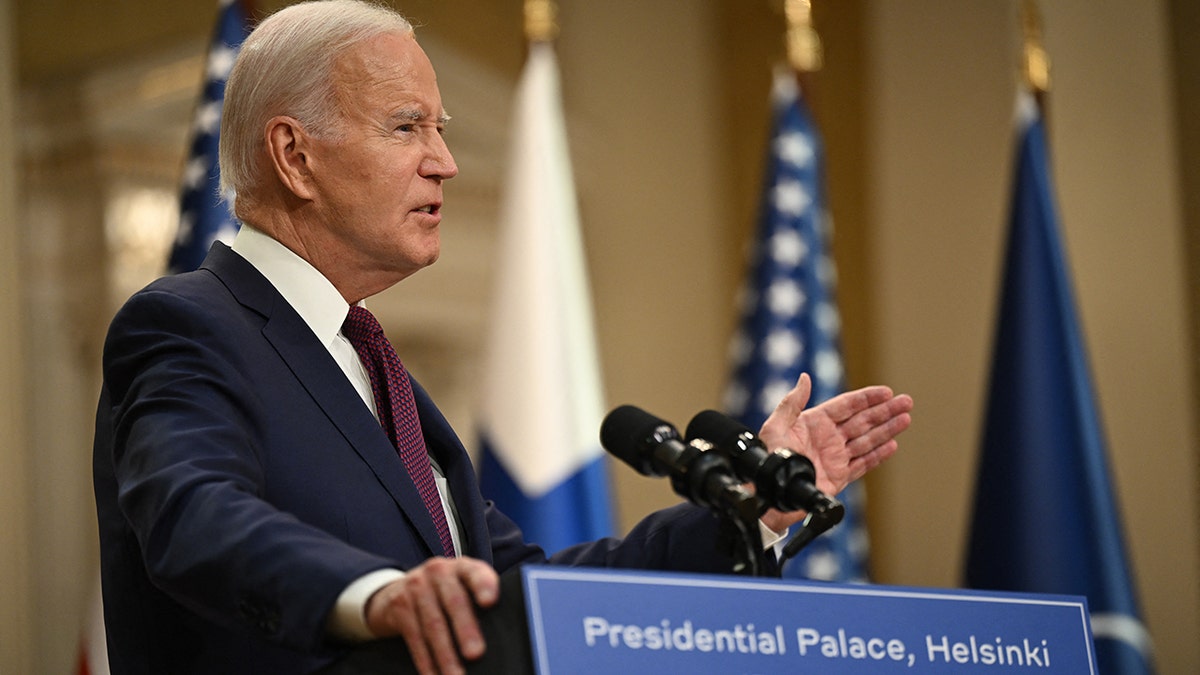 President Joe Biden speaking in Helsinki