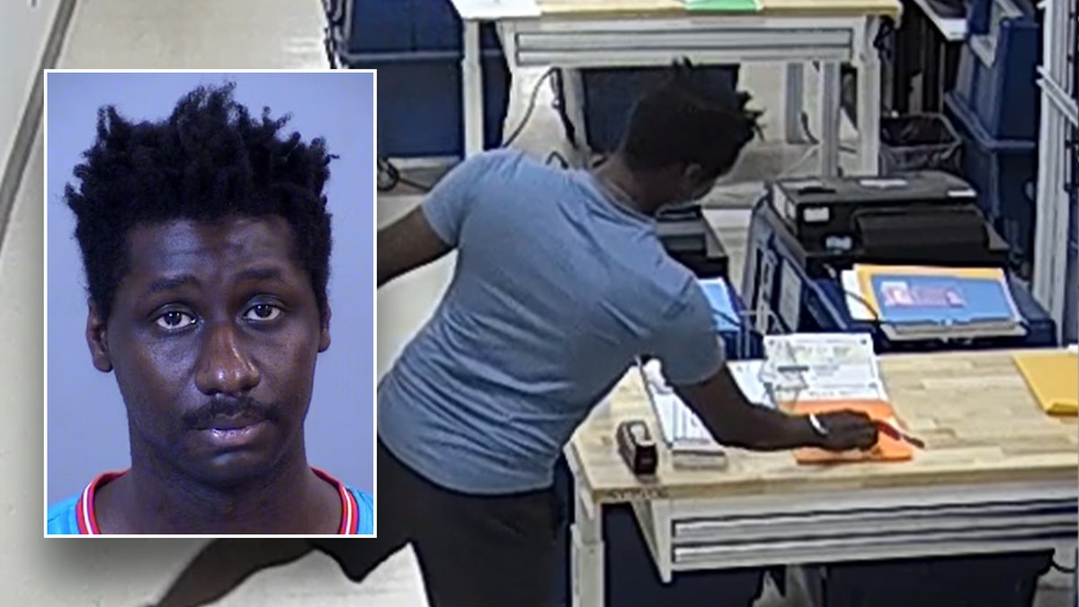 man taking security equipment from tabulation center with inset mugshot photo