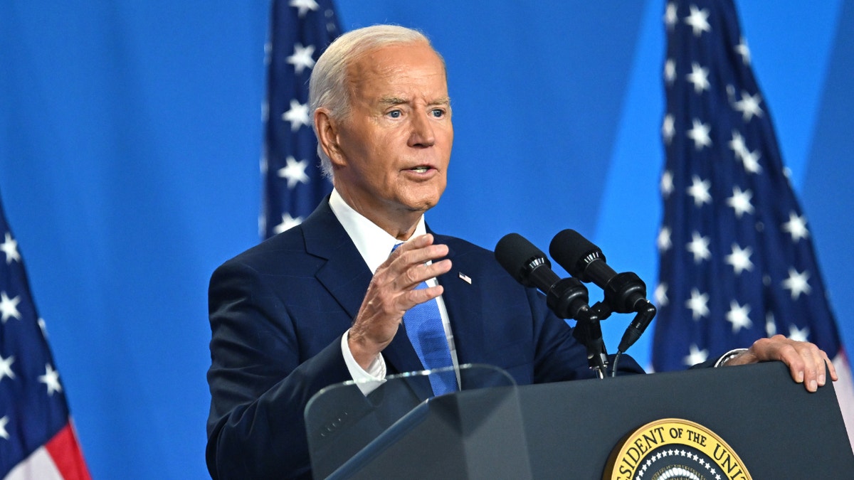 Biden at lectern at NATO press conference