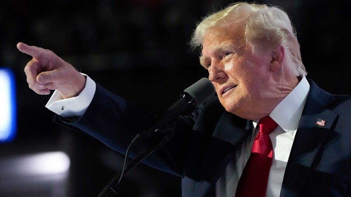 closeup of Donald Trump pointing at RNC convention