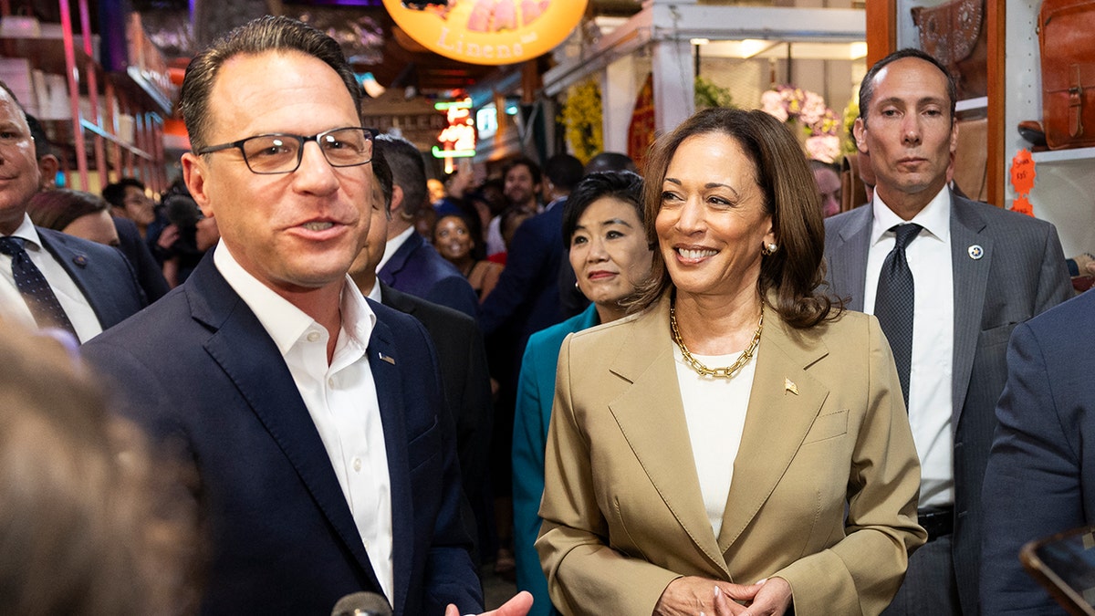 Gov. Josh Shapiro, left, with VP Kamala Harris