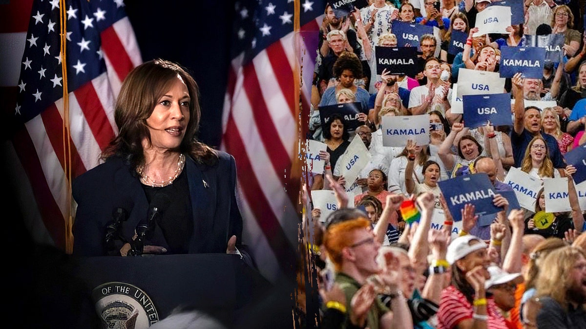 left-right split: Kamala Harris and crowd shot