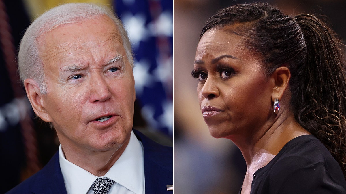 left-right split: Michelle Obama and President Biden