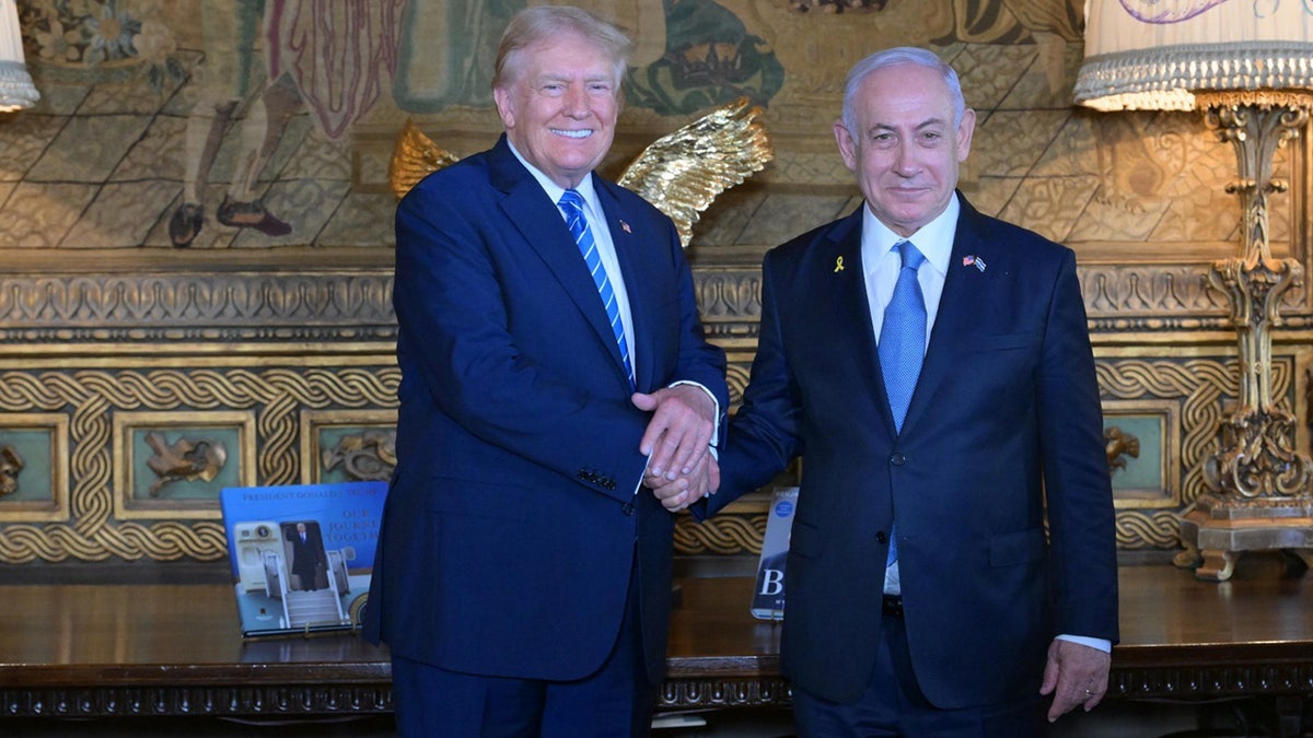 Donald Trump shakes hands with Israeli Prime Minister Benjamin Netanyahu