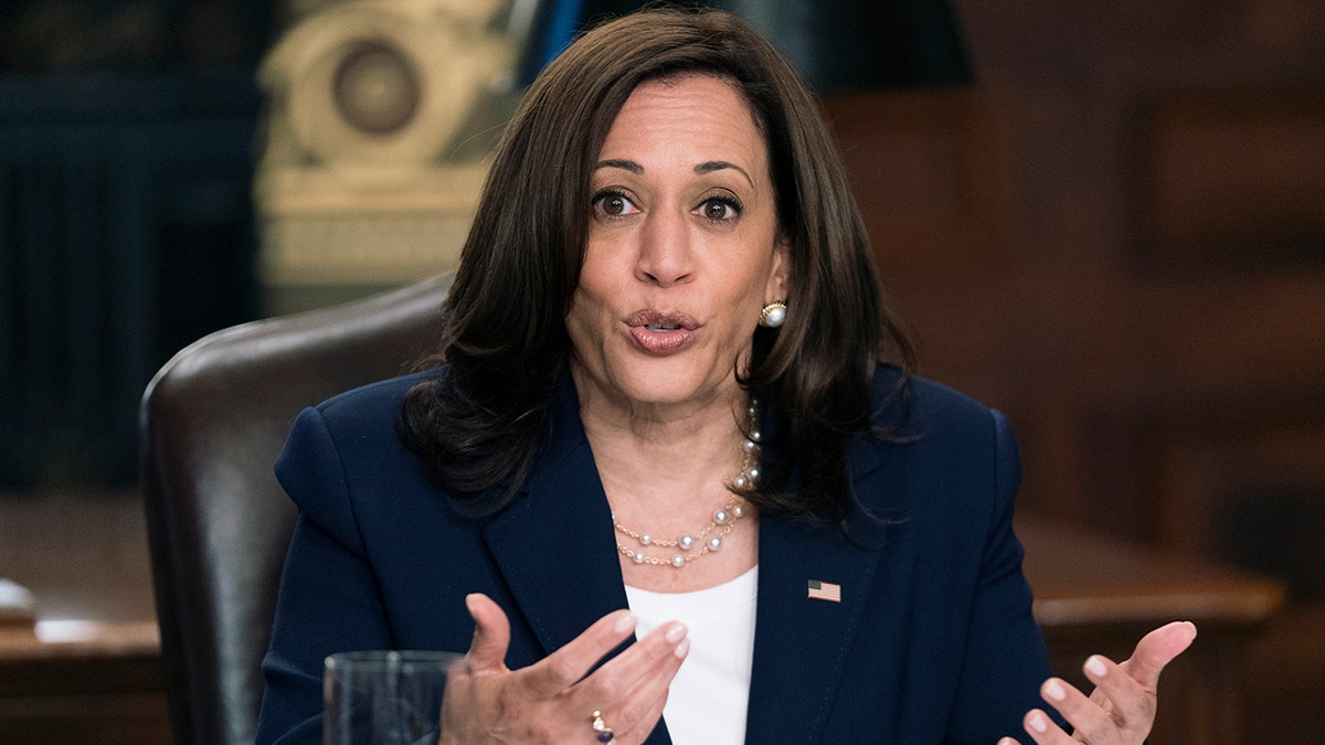 closeup of seated Kamala Harris