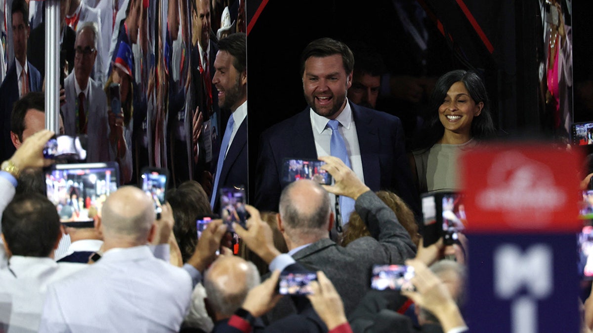 J.D. Vance is greeted by supporters as he arrives for Day 1 of the Republican National Convention