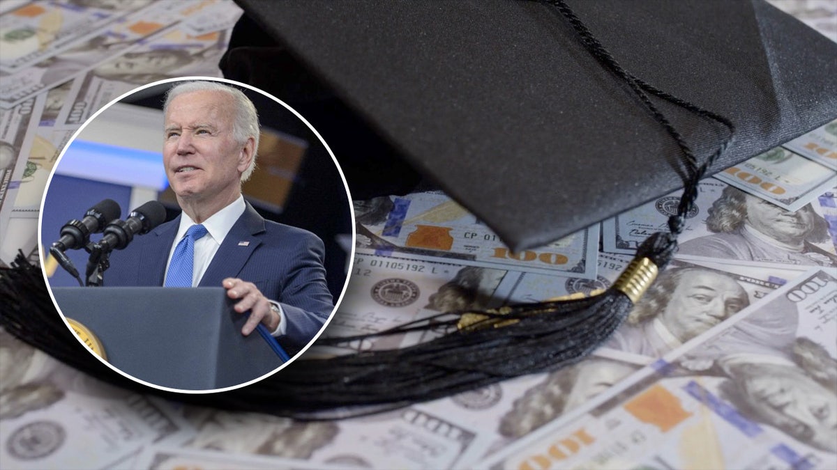 A picture of Biden on top of a photo of money and a graduation cap