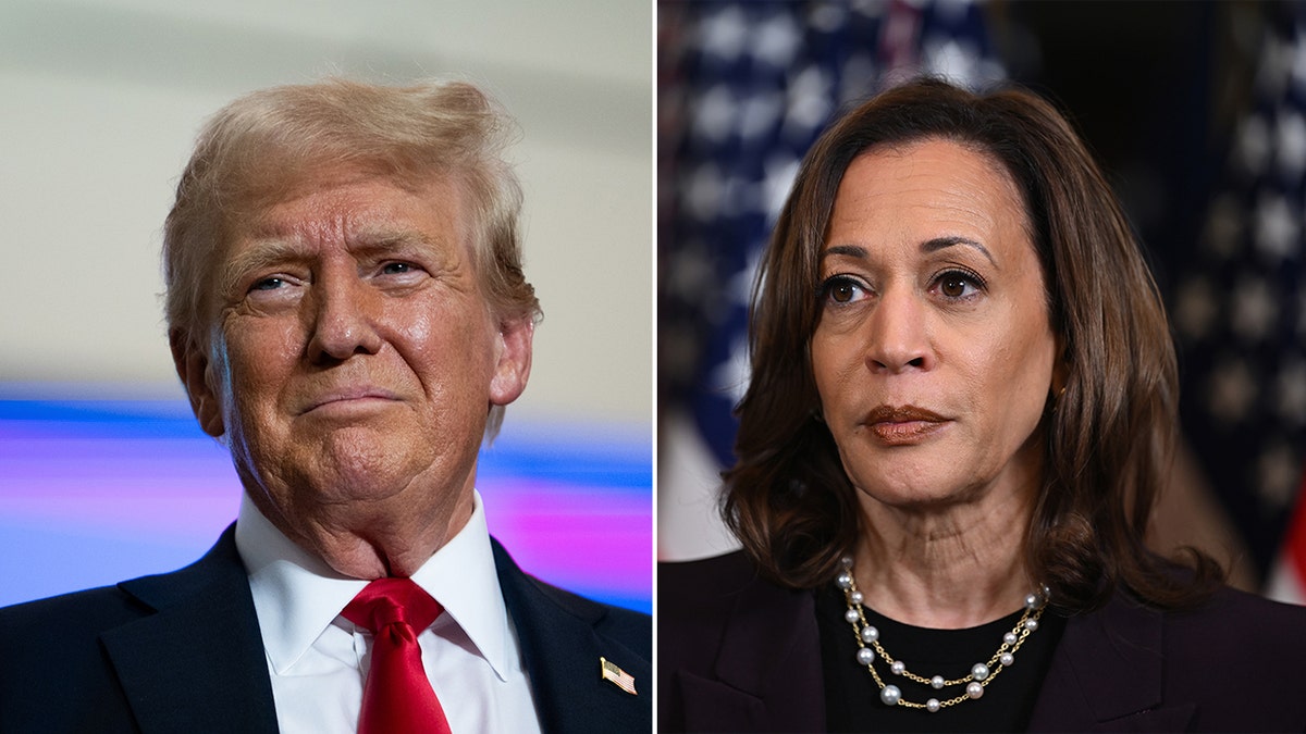 Donald Trump and Kamala Harris in left-right split