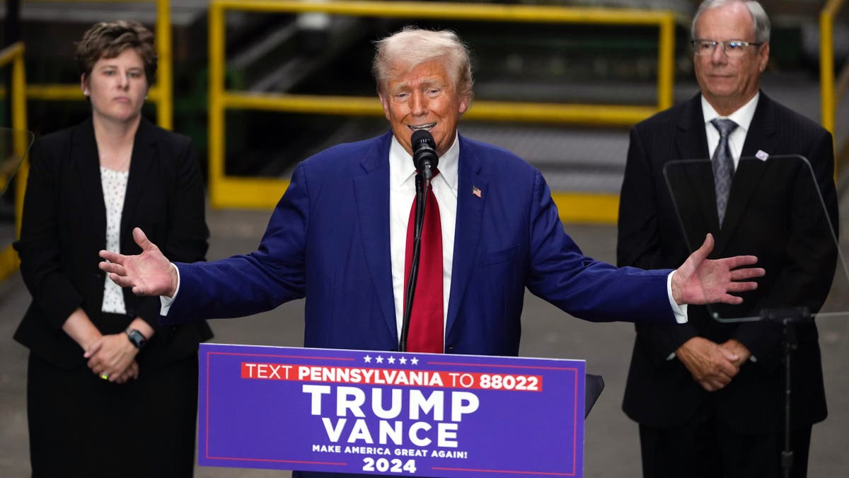 Republican presidential nominee former President Donald Trump speaks at a campaign event in York, Pa., Monday.