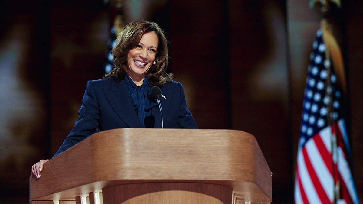 Kamala Harris closeup at podium at DNC