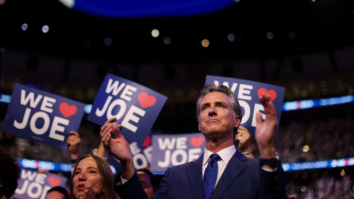 Gavin Newsom on DNC convention floor in wideshot