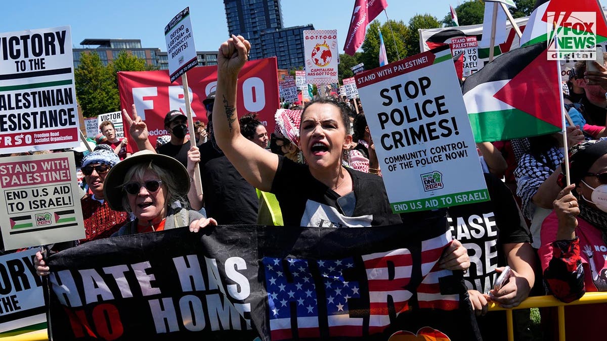 Protesters hold up signs in Chicago