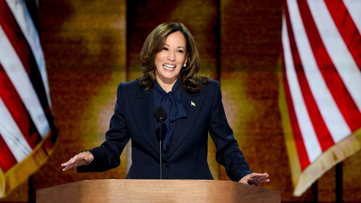 Kamala Harris closeup from podium at DNC