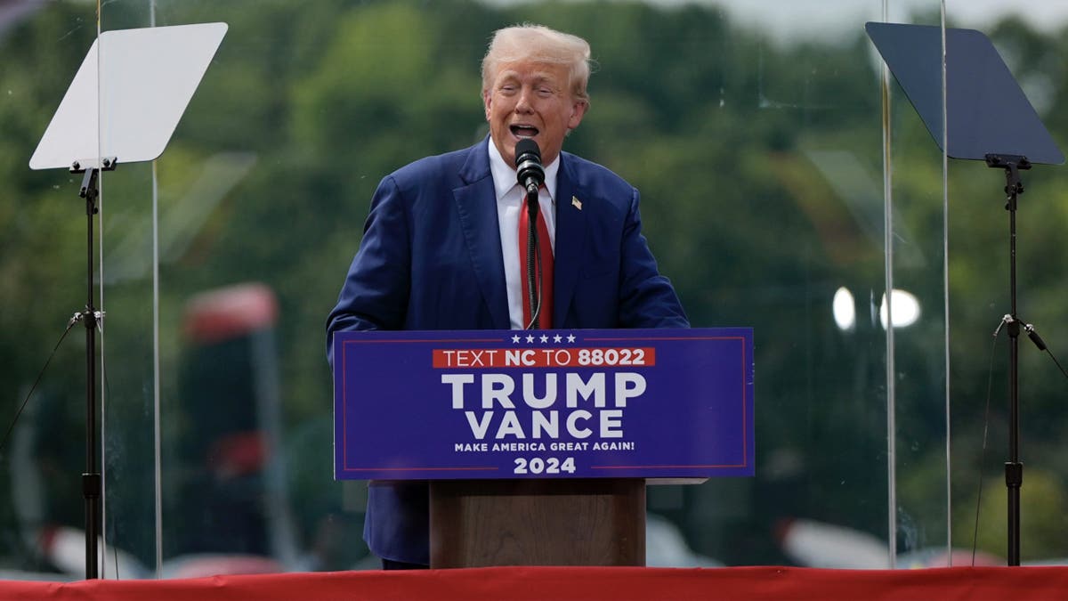 Former President Trump speaks during a campaign rally at North Carolina Aviation Museum in Asheboro, North Carolina, on Wednesday.