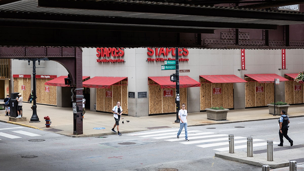 Staples boarded up in Chicago